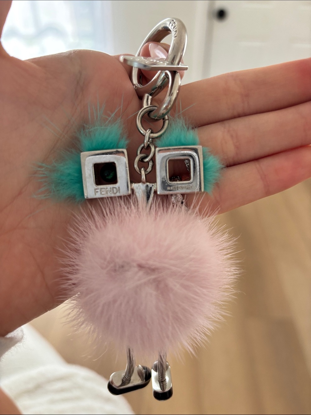 Fendi Pink and Teal Fur Pom-Pom Key Charm with Silver Hardware - Picture 3 of 3